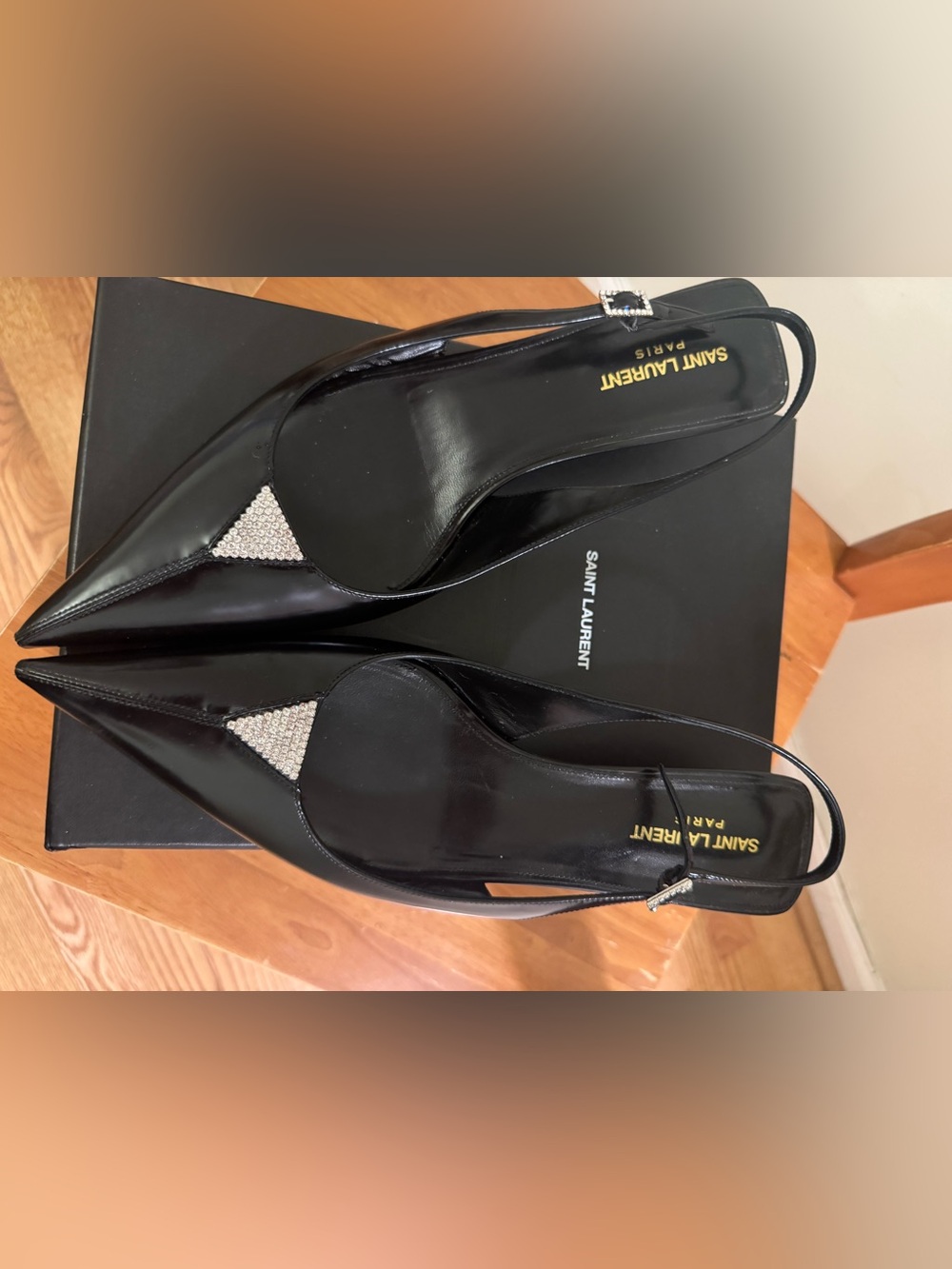 Saint Laurent Black Patent Slingback Pumps with Crystal Toe Triangle